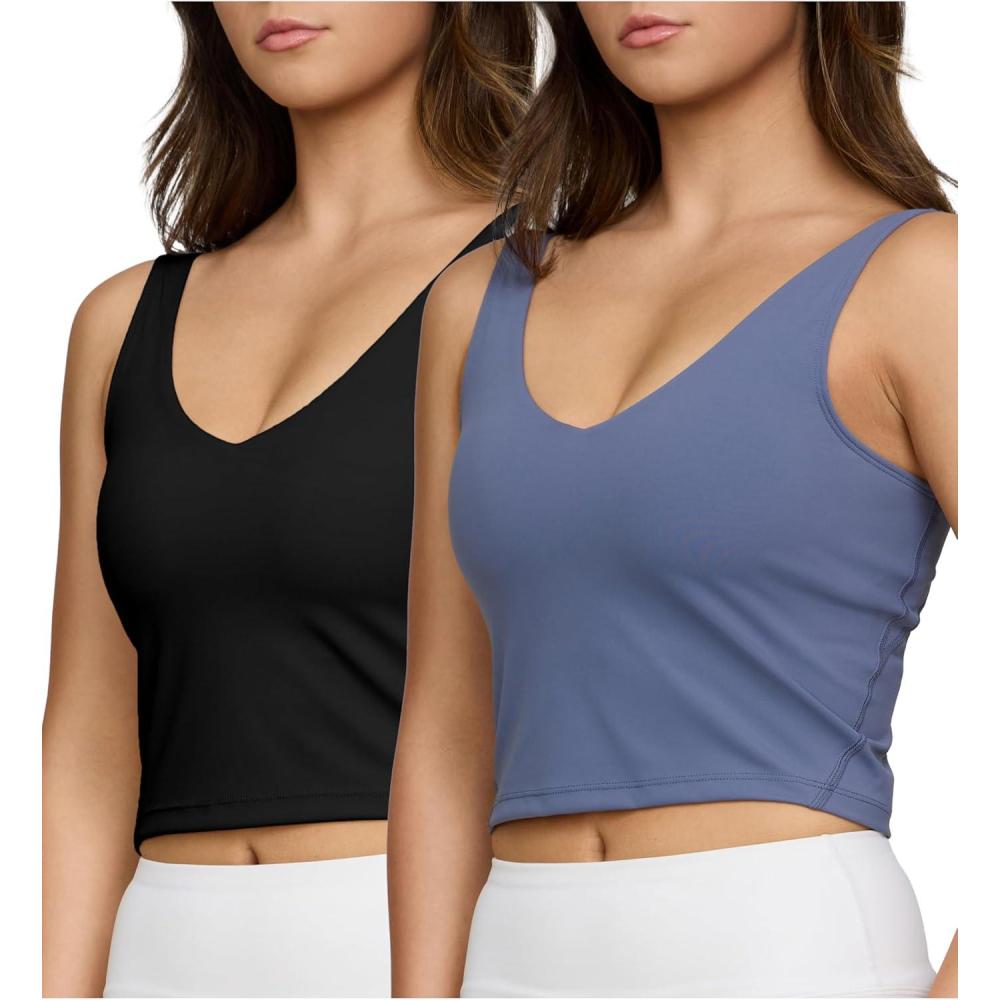 imagePURE CHAMP 2pk Sports Bras for Women Medium Support Crop Tops Tank Top for Women Camisole Cami Workout Tops Removable PaddingBlack  Ink Blue