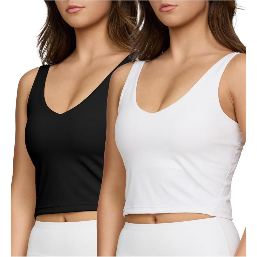 imagePURE CHAMP 2pk Sports Bras for Women Medium Support Crop Tops Tank Top for Women Camisole Cami Workout Tops Removable PaddingBlack White