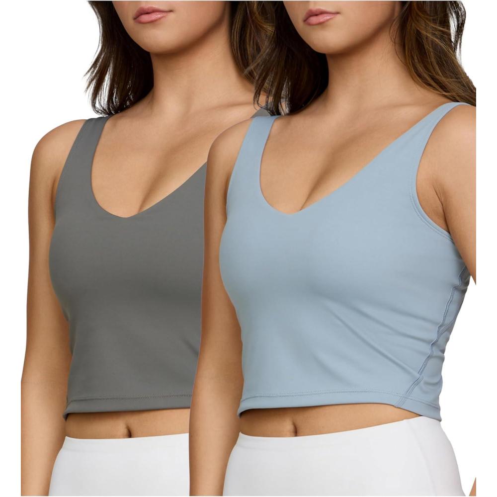 imagePURE CHAMP 2pk Sports Bras for Women Medium Support Crop Tops Tank Top for Women Camisole Cami Workout Tops Removable PaddingCharcoal Denim Blue