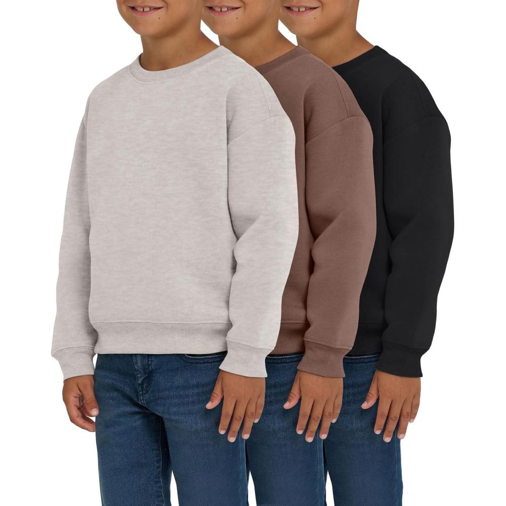 imagePURE CHAMP 3 Pack Boys Sweatshirts Long Sleeve Boy Crewneck Relaxed Soft Essentials Teen Pullover Sweaters For Youth KidsBlack  Brown  Oatmeal Melange