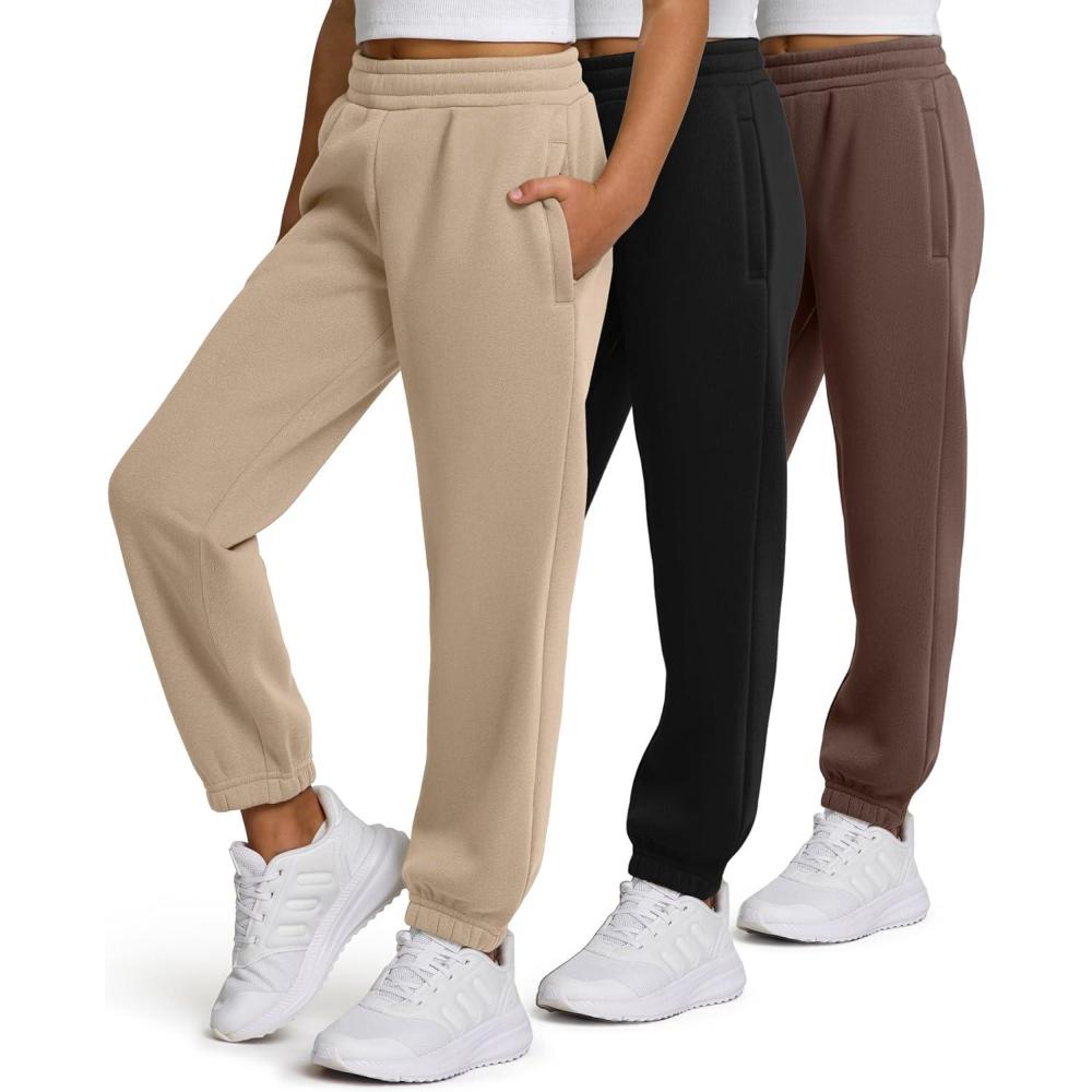 imagePURE CHAMP Girls Sweatpants 3 Pack Fleece Athletic Joggers Teen Sweat Pants with Zipper Pockets and Drawstring Size 416Black  Beige  Brown
