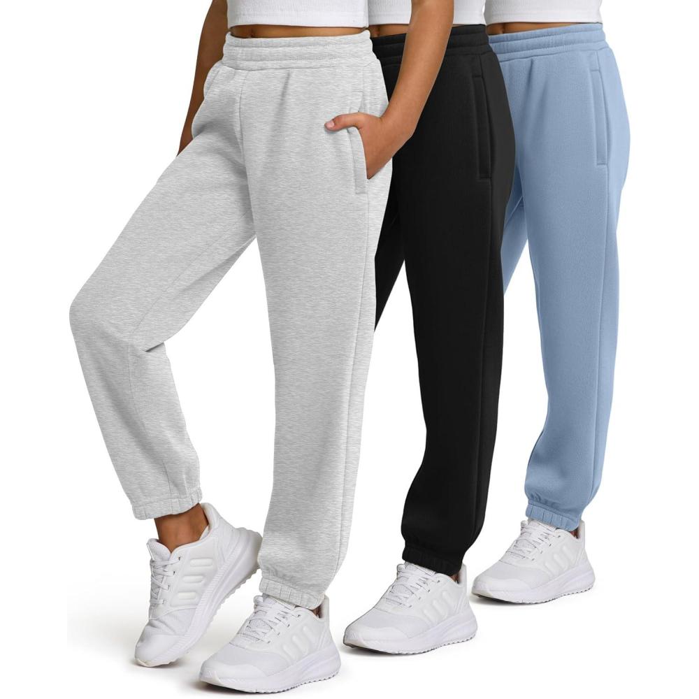 imagePURE CHAMP Girls Sweatpants 3 Pack Fleece Athletic Joggers Teen Sweat Pants with Zipper Pockets and Drawstring Size 416Black  Heather Grey  Skyl Blue