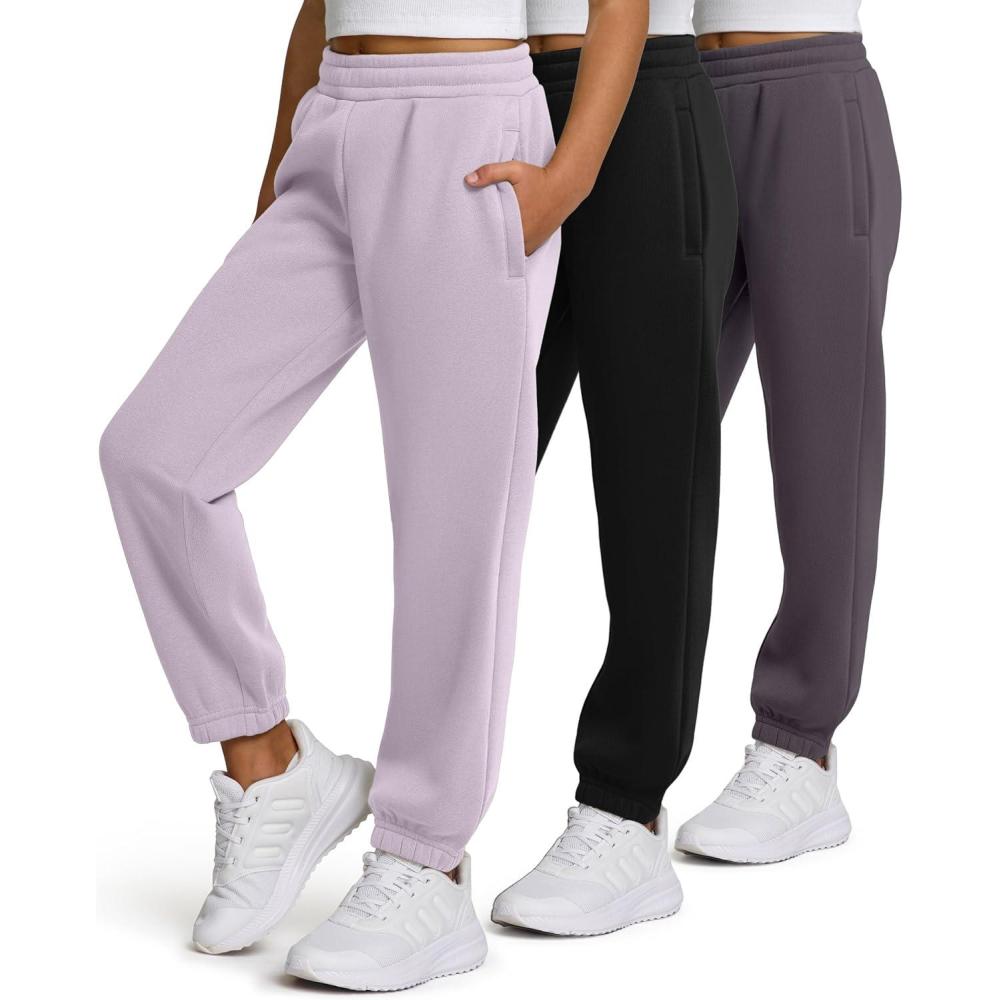 imagePURE CHAMP Girls Sweatpants 3 Pack Fleece Athletic Joggers Teen Sweat Pants with Zipper Pockets and Drawstring Size 416Black Lava Gray Lilac