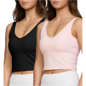 PURE CHAMP 2pk Sports Bras for Women Medium Support Crop Tops Tank Top for Women Camisole Cami Workout Tops Removable Padding(Black & Pink)