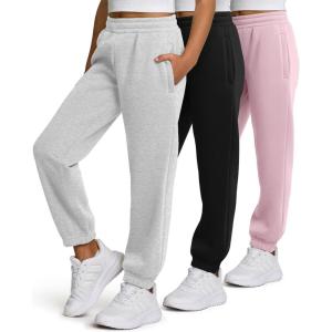 PURE CHAMP Girls Sweatpants 3 Pack Fleece Athletic Joggers, Teen Sweat Pants with Zipper Pockets and Drawstring Size 4-16(Black  Heather Grey  Pink)