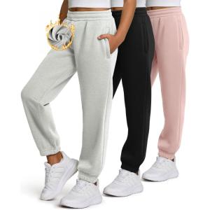 PURE CHAMP Girls Sweatpants 3 Pack Fleece Athletic Joggers, Teen Sweat Pants with Zipper Pockets and Drawstring Size 4-16(Black  Oatmeal Melange  Rose Pink)