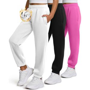 PURE CHAMP Girls Sweatpants 3 Pack Fleece Athletic Joggers, Teen Sweat Pants with Zipper Pockets and Drawstring Size 4-16(Black  White  Fuschia)