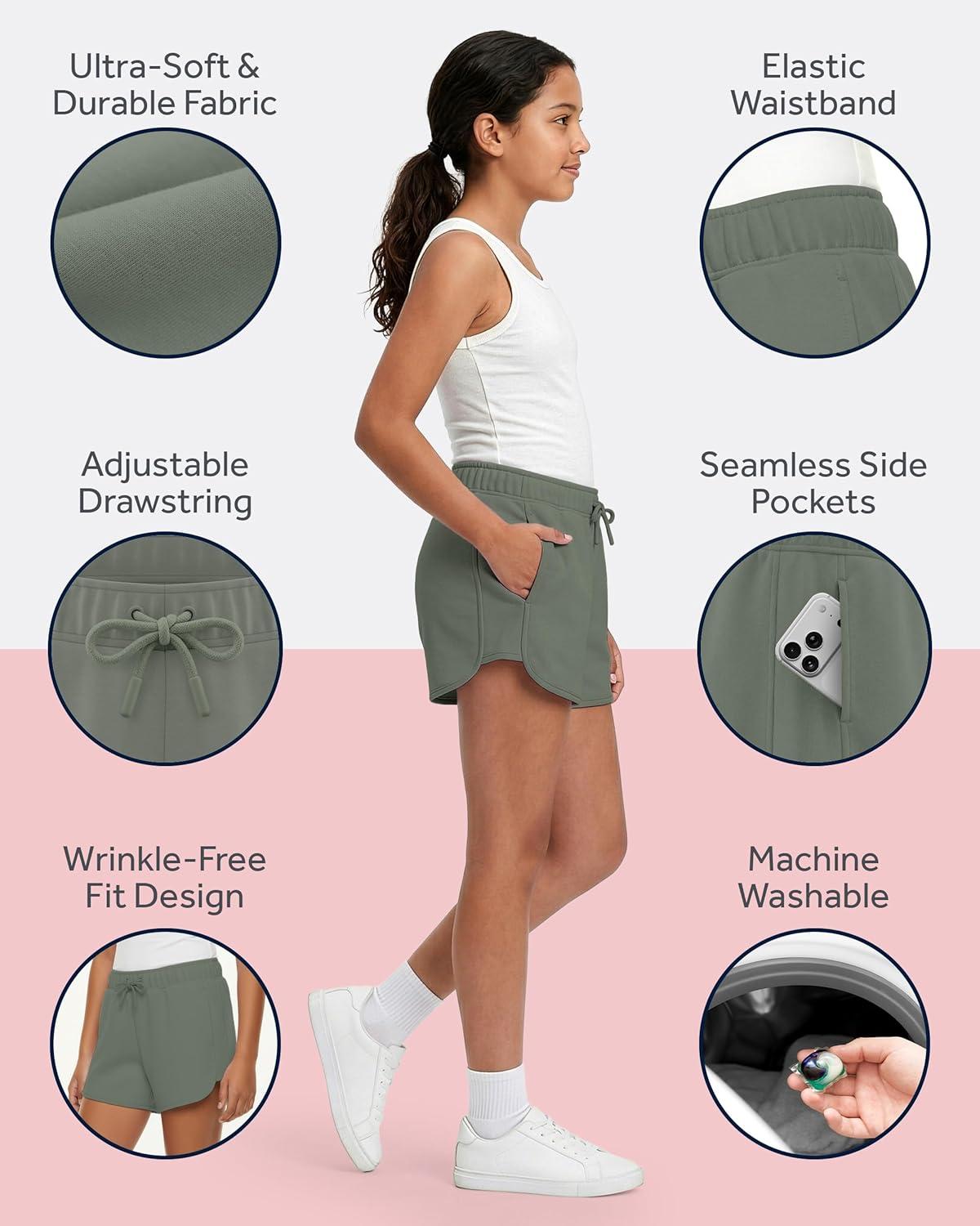 imagePURE CHAMP Girls Shorts 4 Pack Girls Athletic Shorts UltraSoft Youth Quick Dry Dolphin with Drawstring Size Toddler 16Black Beige Brown Sage