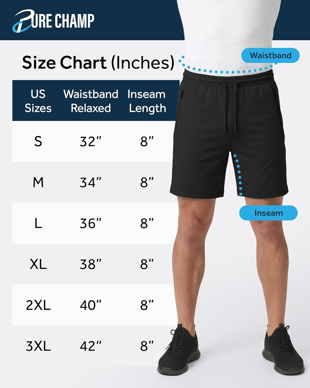 imagePURE CHAMP Athletic Shorts for Men 3 Pack Casual Shorts 8 Basketball Gym Shorts with Zipper Pockets Size Small 3XLSet2
