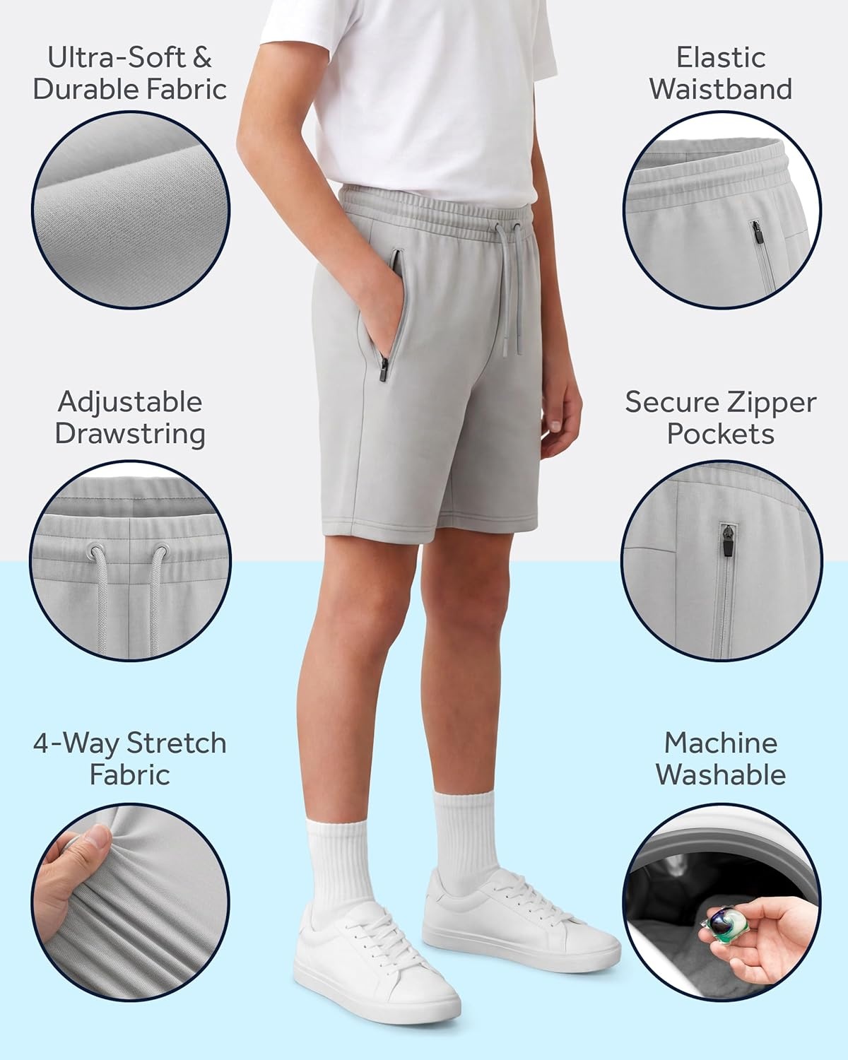 imagePURE CHAMP Boys Athletic Shorts 3 Pack Active Boys Shorts Youth Kids Elastic Waist with Zipper Pockets Toddler18Black Light Gray Navy Heather