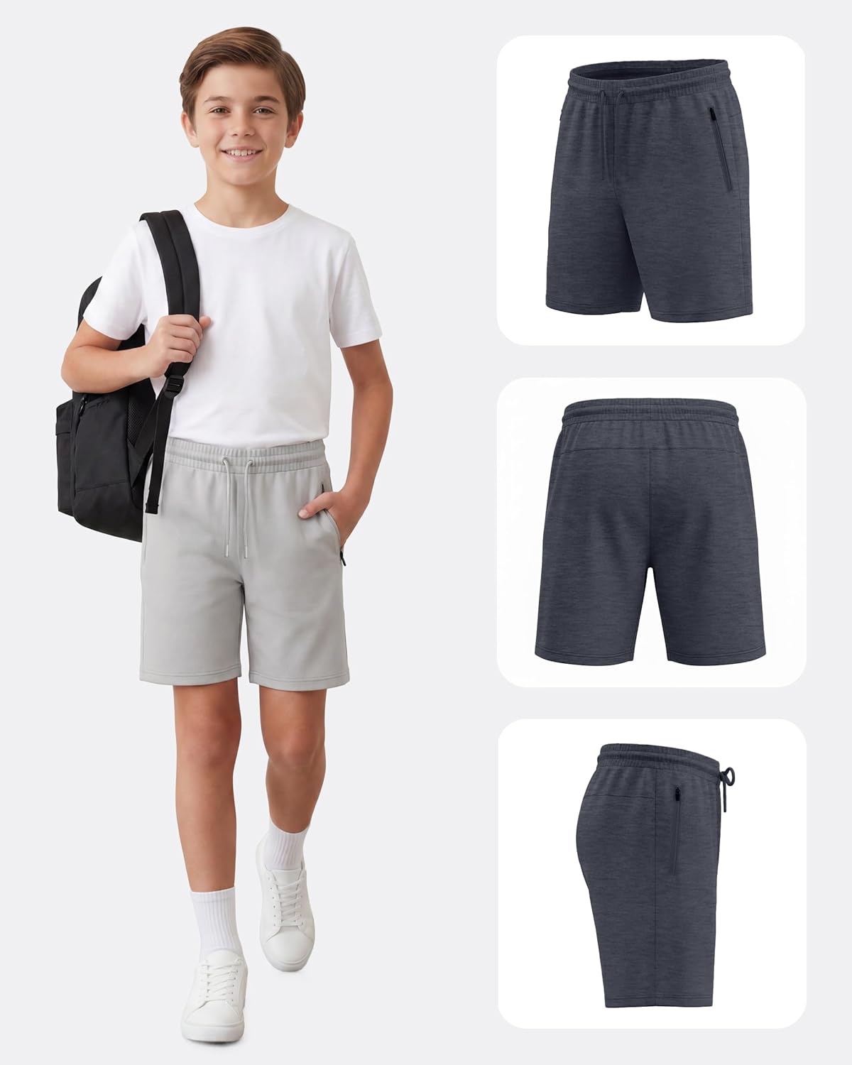 imagePURE CHAMP Boys Athletic Shorts 3 Pack Active Boys Shorts Youth Kids Elastic Waist with Zipper Pockets Toddler18Black Light Gray Navy Heather